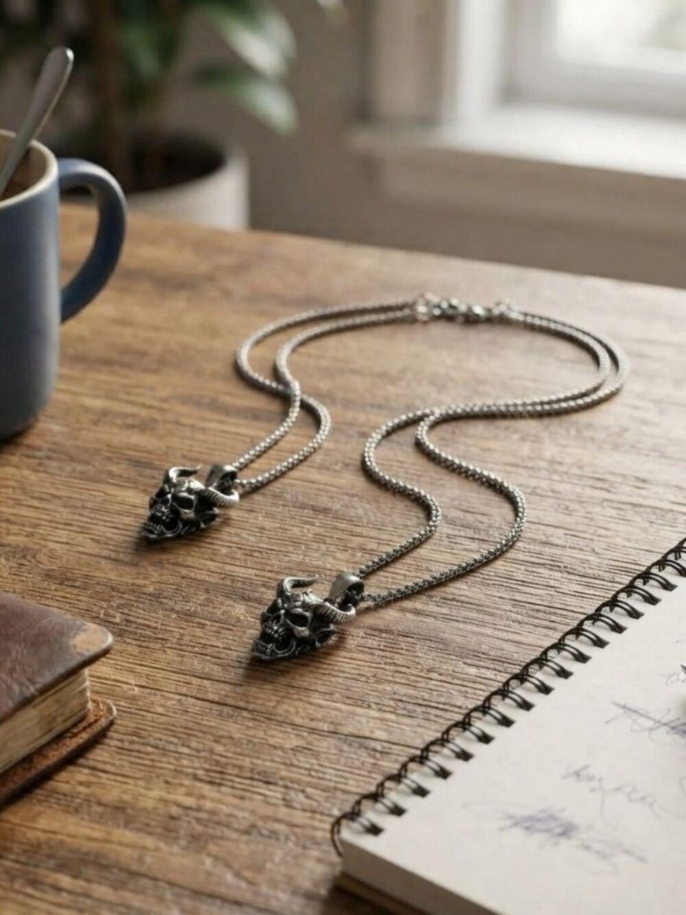 Mens 2pcs devil skull pendant necklace gothic hip hop set